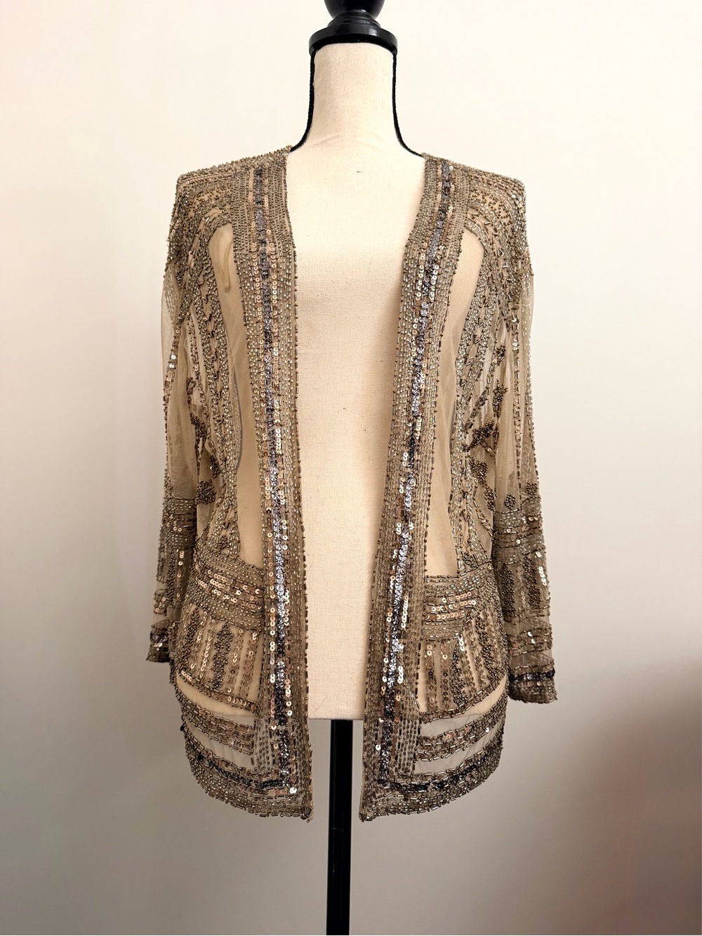 Ecote Beige Sequin Beaded Open-Front Cardigan